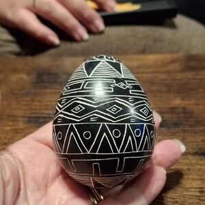 Hand-Carved Kenyan Kisii Soapstone Egg, Black & White Etched Geometric Design.”